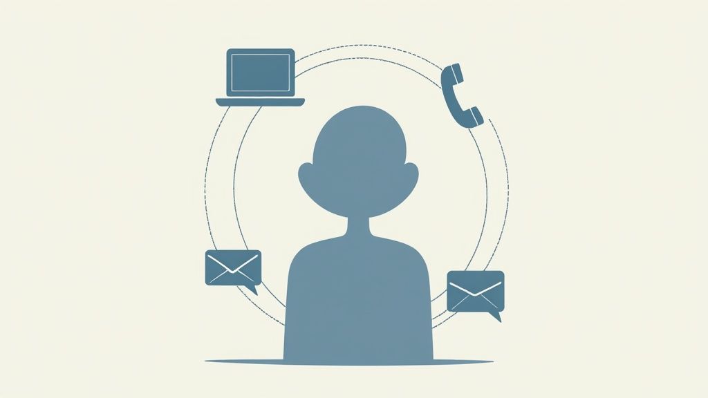 A person surrounded by icons: laptop, phone, and email, representing customer communication channels.