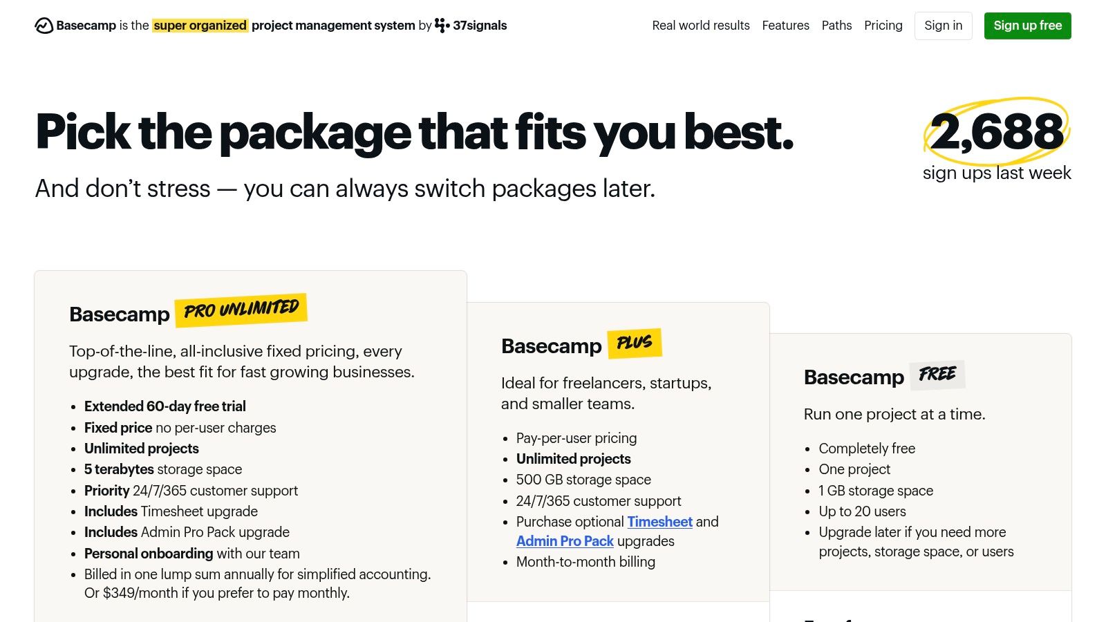 Basecamp pricing packages
