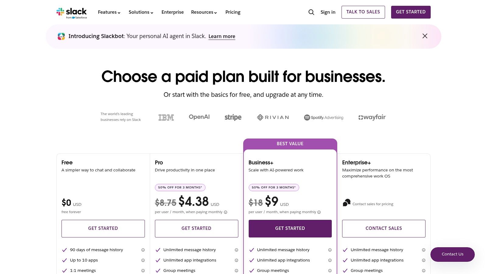 Slack pricing plans showing Pro, Business+, and Enterprise Grid tiers