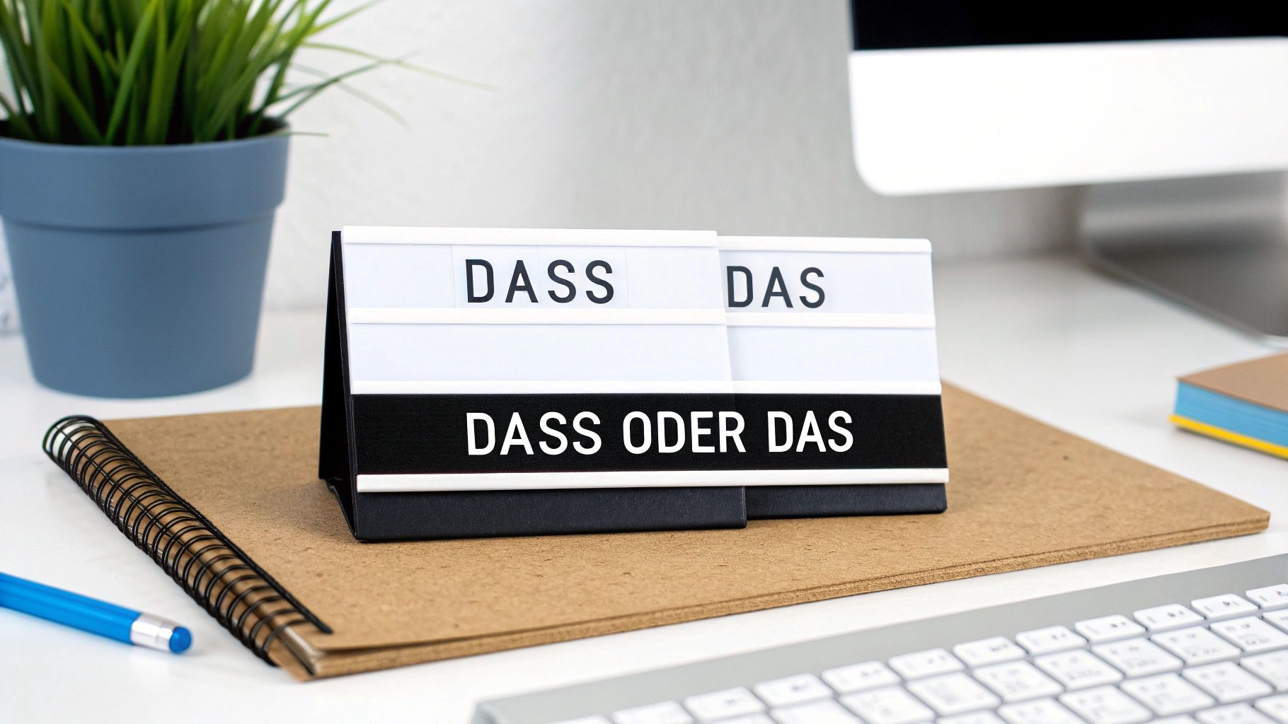 Schreibtisch mit Leuchtkasten, der die deutschen Wörter DASS und DAS zeigt, eine Grammatik-Erklärung.