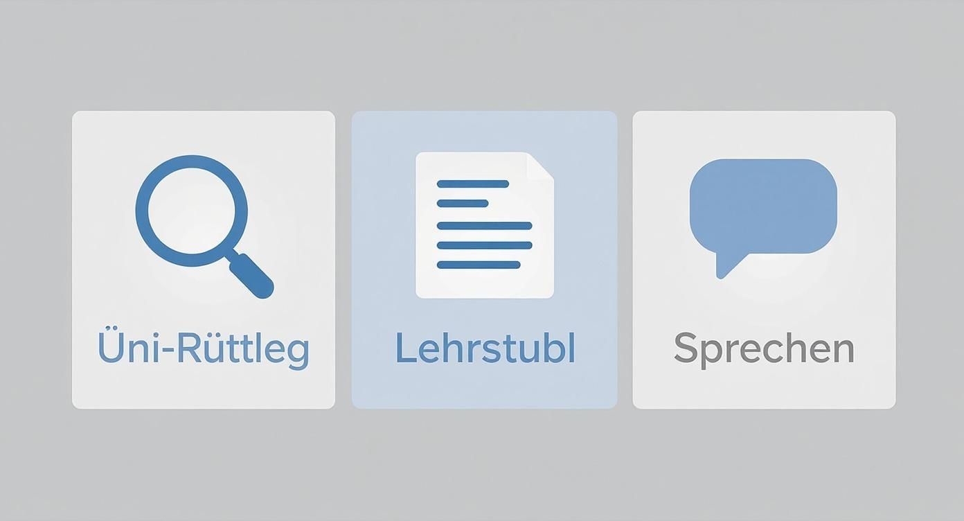 Diese Infografik visualisiert den Prozess der Regelprüfung in drei Schritten: Zuerst die allgemeinen Uni-Regeln prüfen, dann die spezifischen Lehrstuhl-Vorgaben und zuletzt das direkte Gespräch mit dem Betreuer suchen.