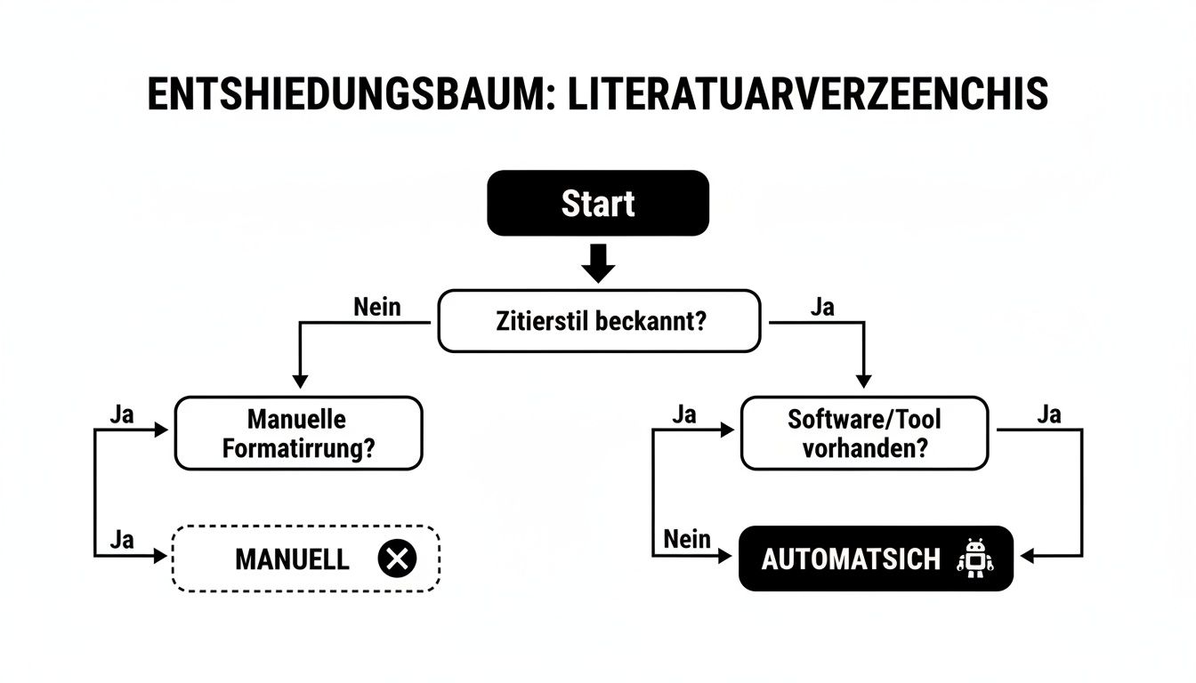 Entscheidungsbaum zum Erstellen eines Literaturverzeichnisses, der zwischen manueller und automatischer Methode unterscheidet.