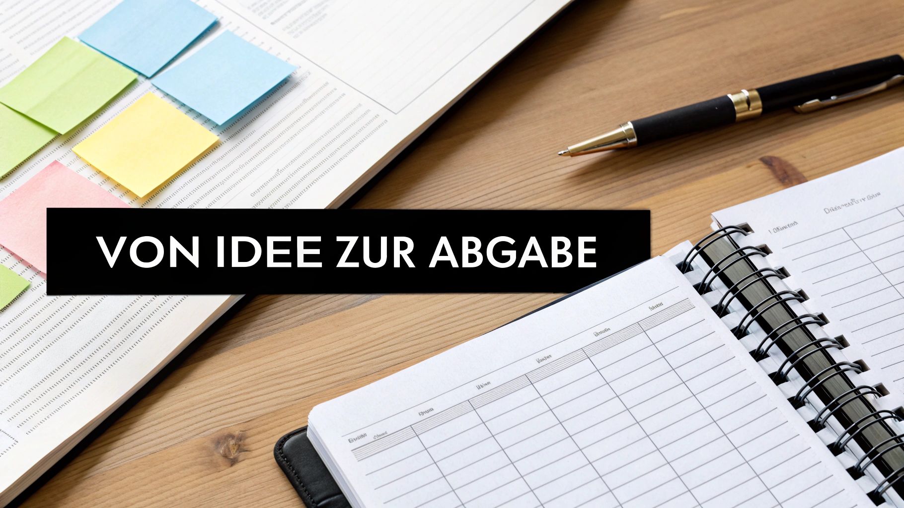 Schreibtisch-Ansicht mit Notizbuch, Stift und Haftnotizen, überlagert mit Text 'VON IDEE ZUR ABGABE'.