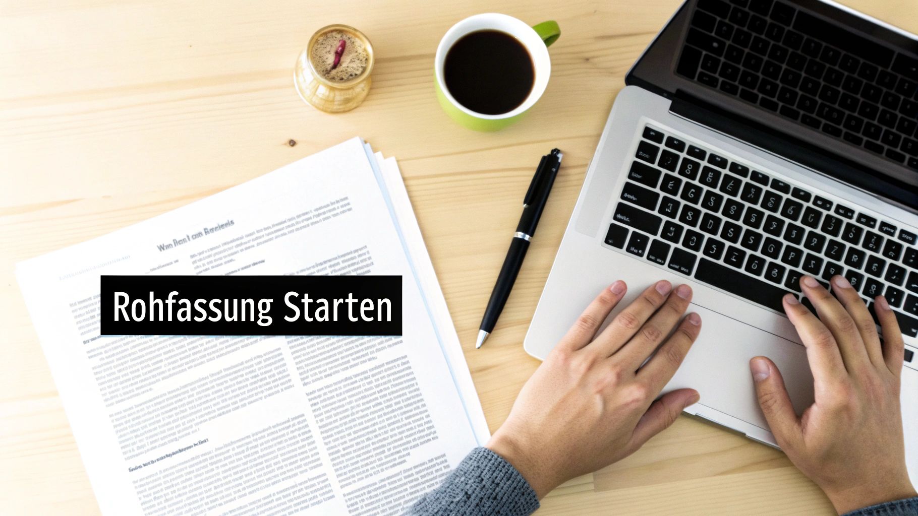 Person tippt am Laptop, während ein Dokument mit dem Titel 'Rohfassung Starten' auf einem Holztisch liegt.