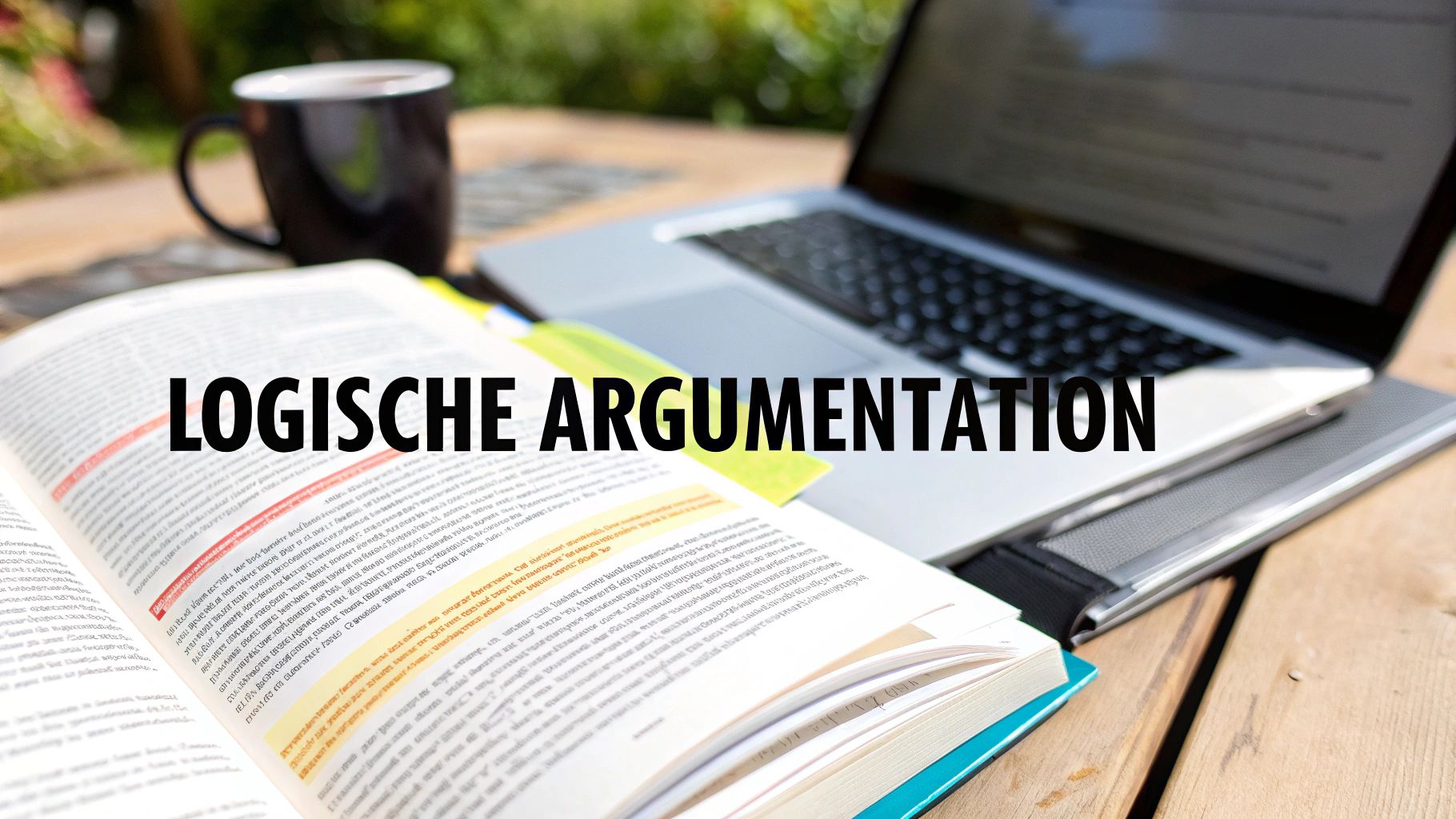 Offenes Buch mit Text und Überlagerung 'LOGISCHE ARGUMENTATION' neben Laptop und Kaffeebecher auf Holztisch im Freien.