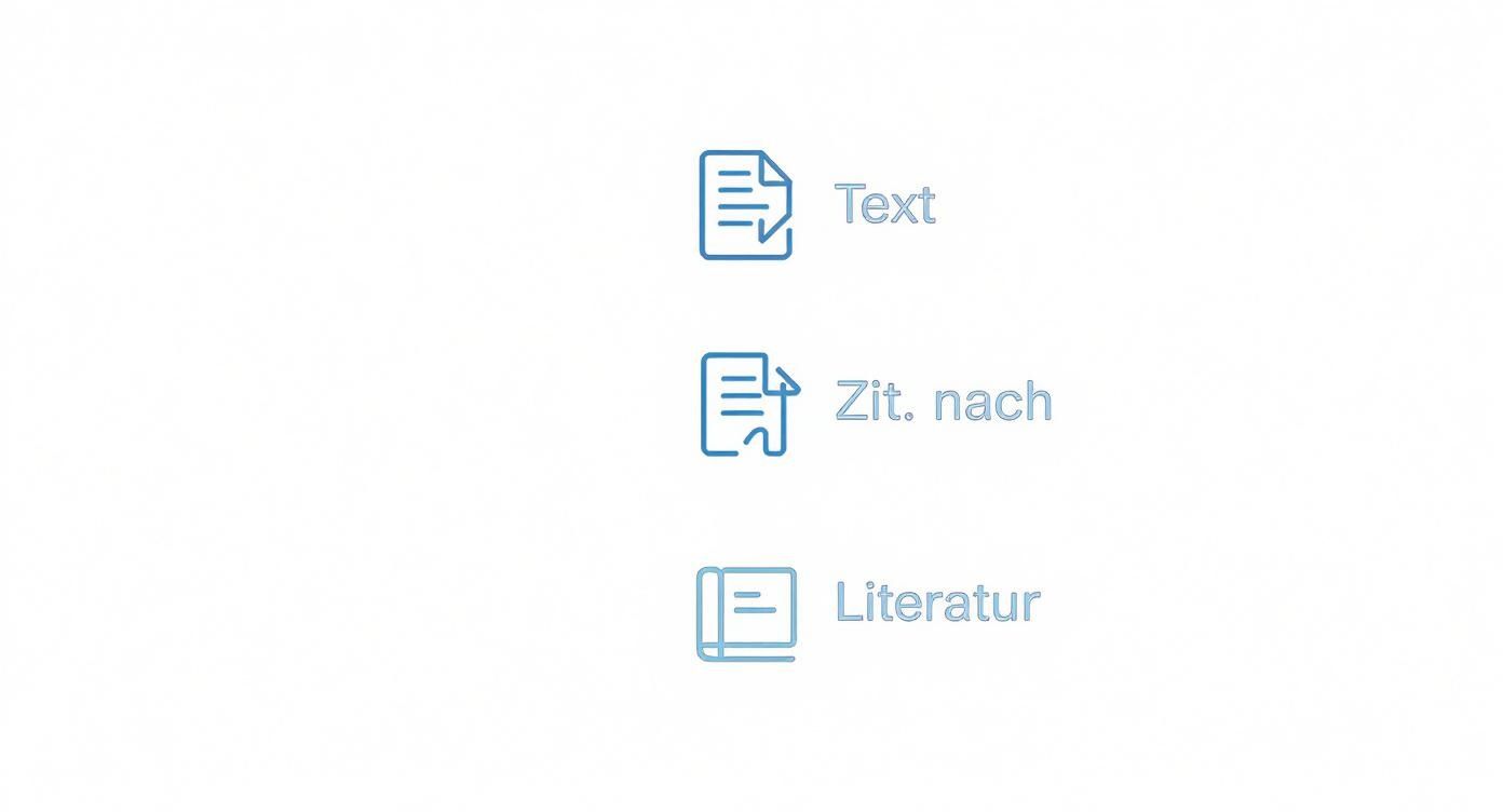 Drei Symbole mit Beschriftungen: Text, Zit. nach und Literatur, die verschiedene Arten von Referenzen darstellen.