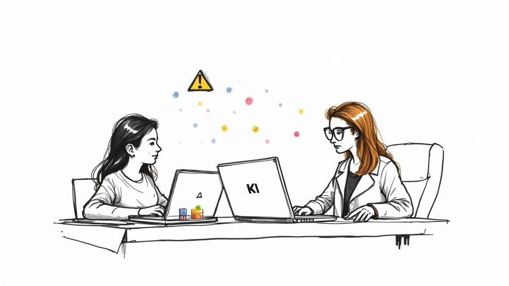 Zwei Frauen arbeiten an Laptops, eine mit 'KI'-Logo, umgeben von bunten Punkten und einem Warnzeichen.