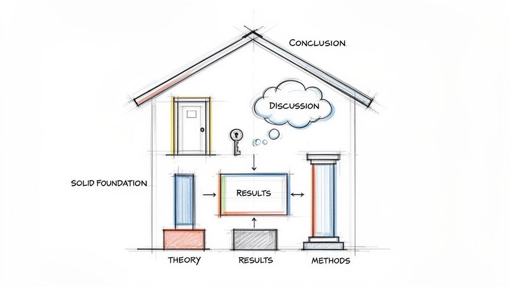 Skizze eines Hauses, das die Struktur einer wissenschaftlichen Arbeit darstellt: Fundament, Theorie, Methoden, Ergebnisse, Diskussion und Fazit.