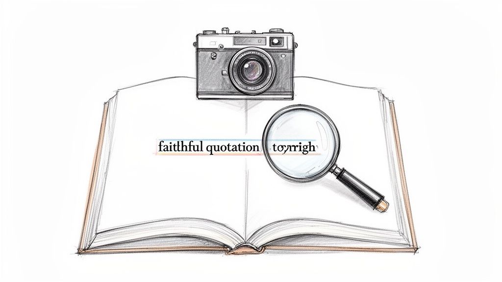 Eine Illustration eines offenen Buches, einer Kamera und einer Lupe, die den Text "faithful quotation toyrigh" hervorhebt.