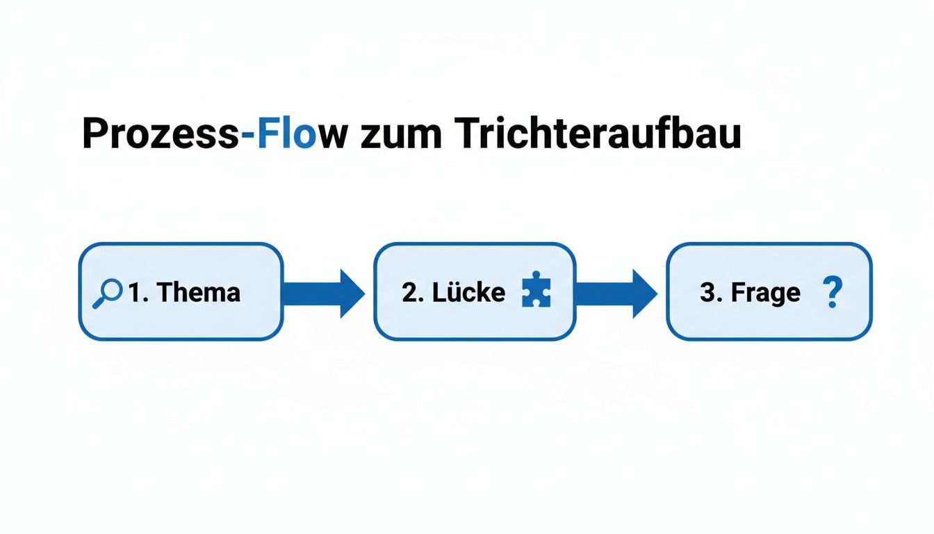 Prozess-Flow zum Trichteraufbau mit drei Schritten: 1. Thema, 2. Lücke und 3. Frage.