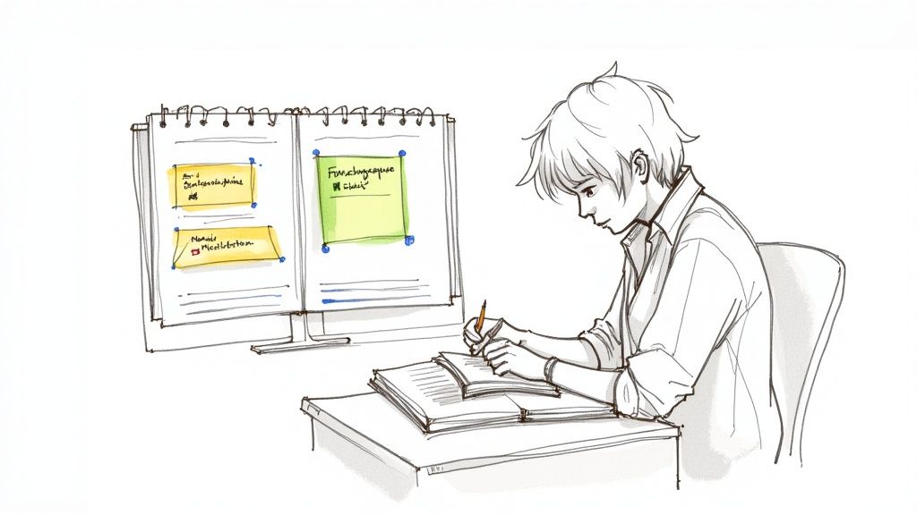 Eine Person schreibt konzentriert an einem Schreibtisch mit Notizen an einem geöffneten Notizbuch im Hintergrund.