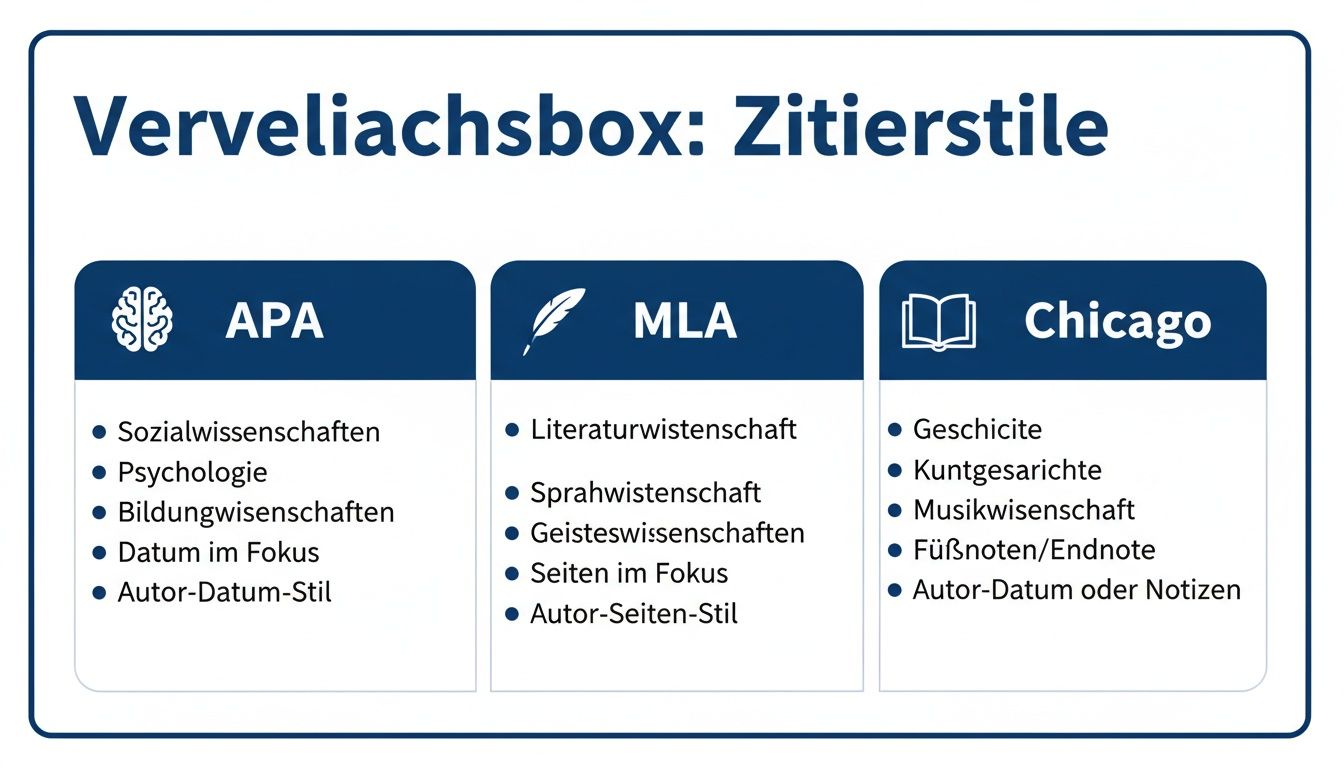 Infografik vergleicht APA, MLA und Chicago Zitierstile mit Anwendungsbereichen wie Sozialwissenschaften, Literaturwissenschaft und Geschichte.