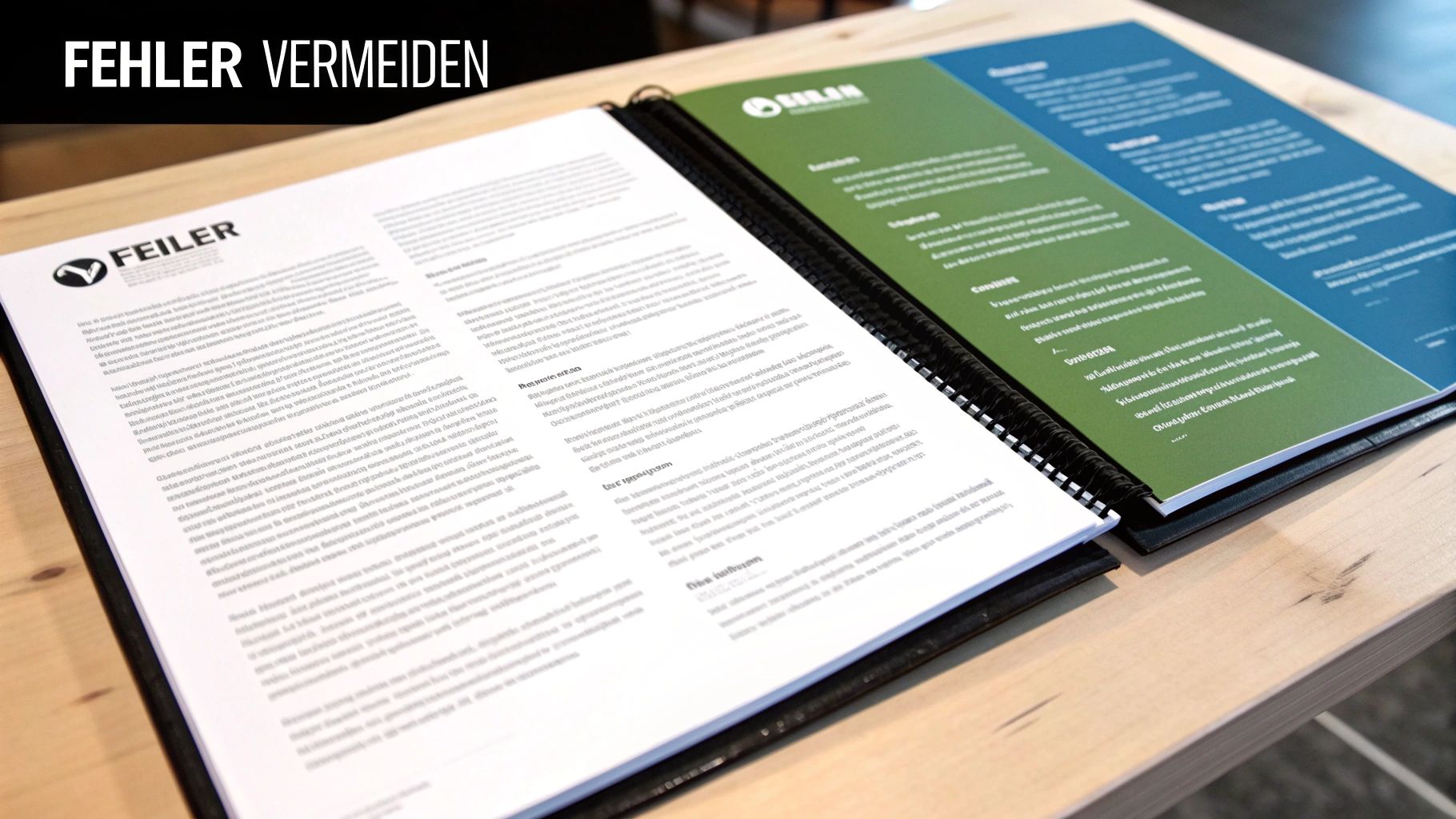 Offenes Dokument mit den Überschriften 'FEHLER VERMEIDEN' und 'FEILER', präsentiert Inhalte in Weiß, Grün und Blau.