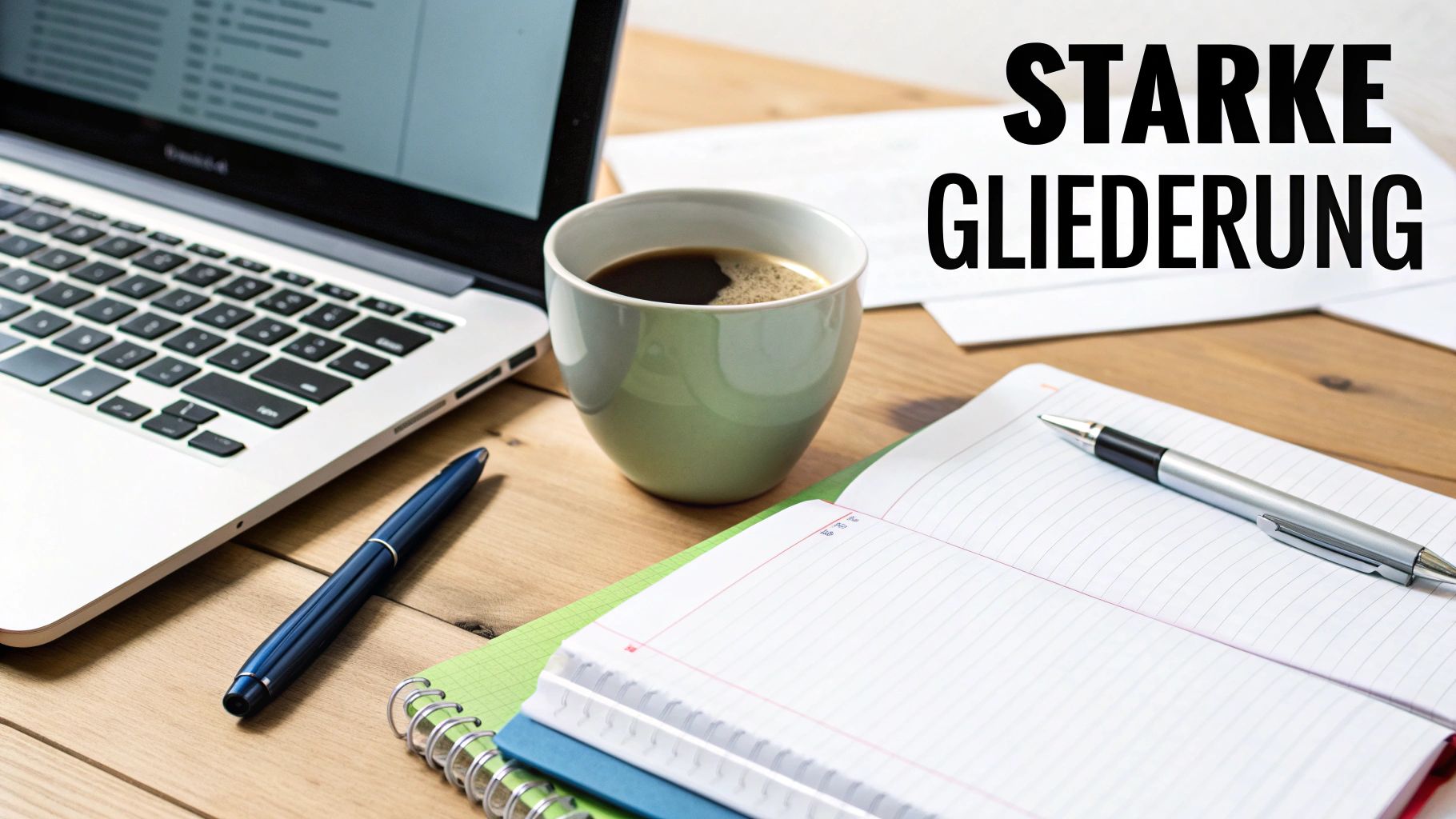 Ein Schreibtisch mit Laptop, Kaffee, Notizbüchern und Stiften, dazu der Text 'STARKE GLIEDERUNG'.