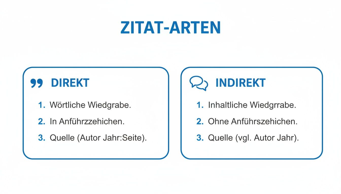 Infografik über Zitat-Arten: direktes und indirektes Zitieren mit Regeln und Quellenangaben.