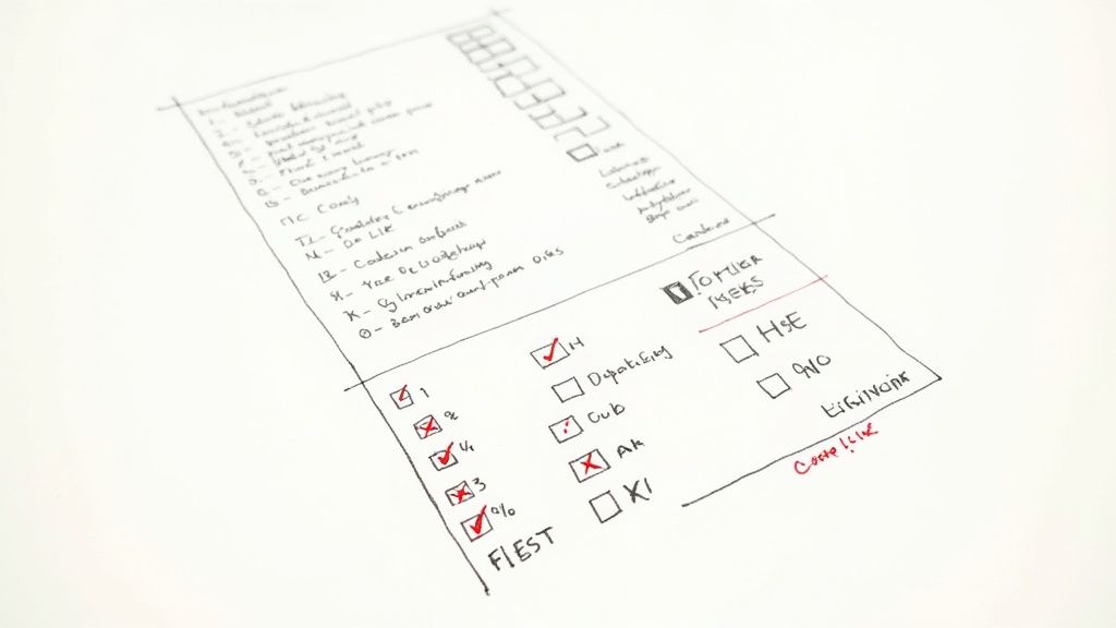 Ein handgeschriebenes Dokument mit Listen und angekreuzten Kästchen auf weißem Hintergrund.