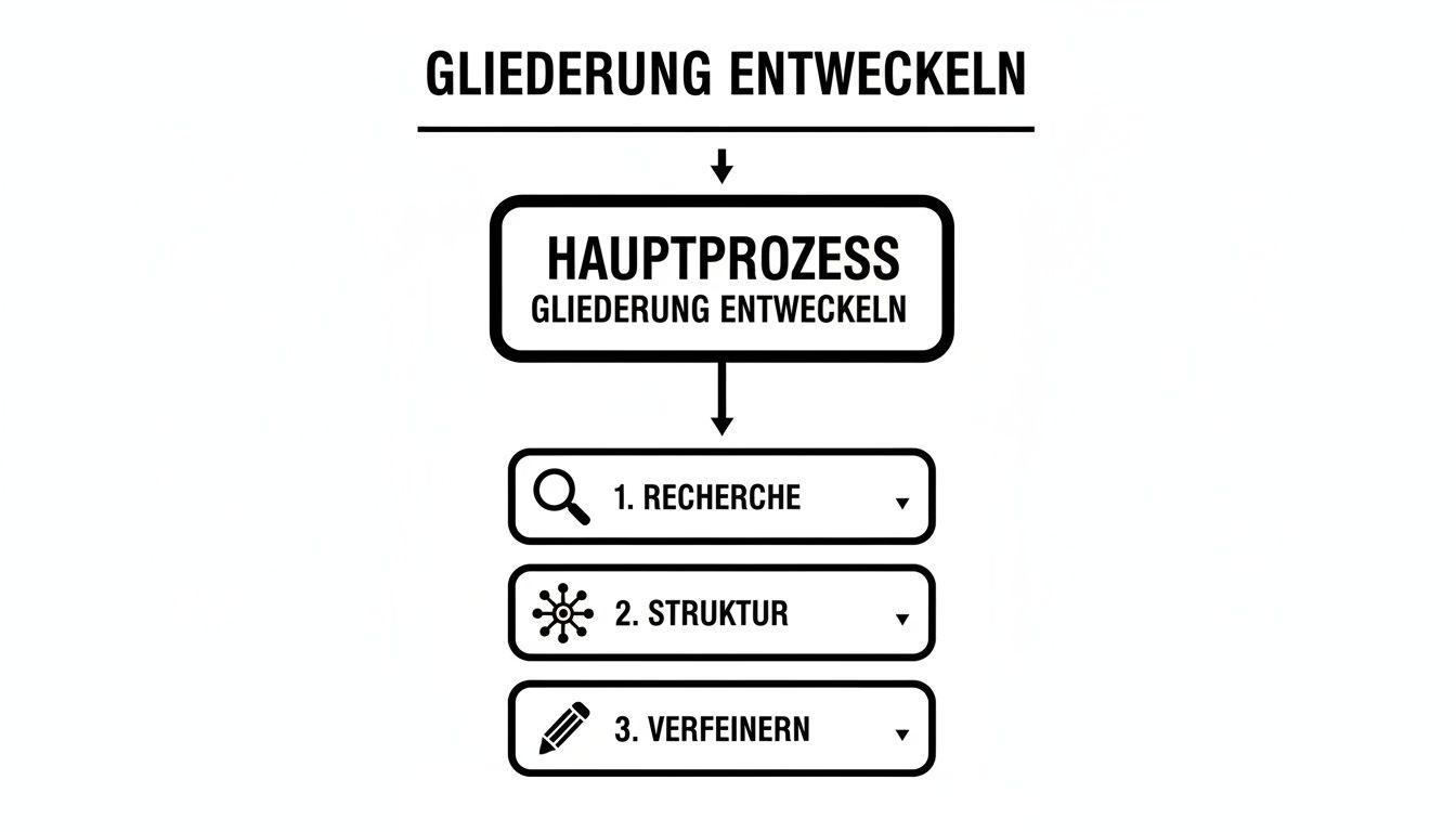 Flussdiagramm zur Entwicklung einer Gliederung mit den Schritten Recherche, Struktur und Verfeinerung.