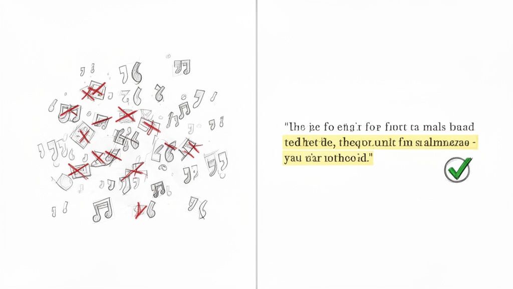 Beschreibung einer Seite mit durchgestrichenen Noten und einem hervorgehobenen Textzitat mit grünem Haken.