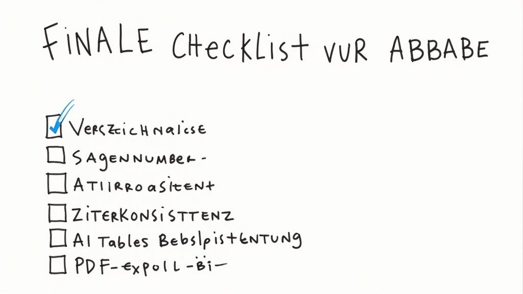 Handgeschriebene Checkliste zur finalen Abgabe einer Arbeit, mit einem abgehakten Punkt für 'Verzeichnisse'.