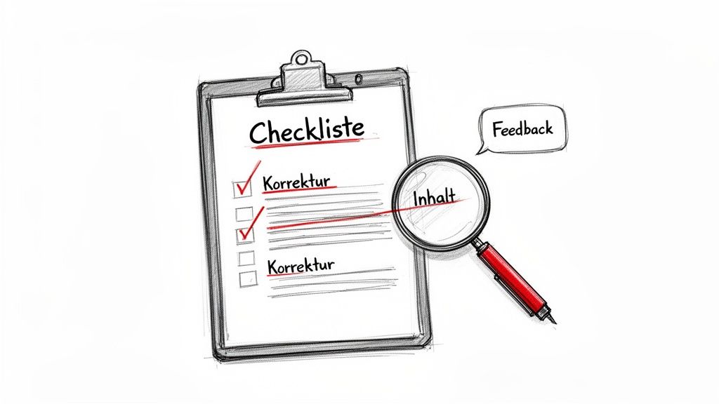 Eine Checkliste zeigt Korrekturen, wobei eine Lupe auf den Inhalt fokussiert und eine Sprechblase Feedback anzeigt.