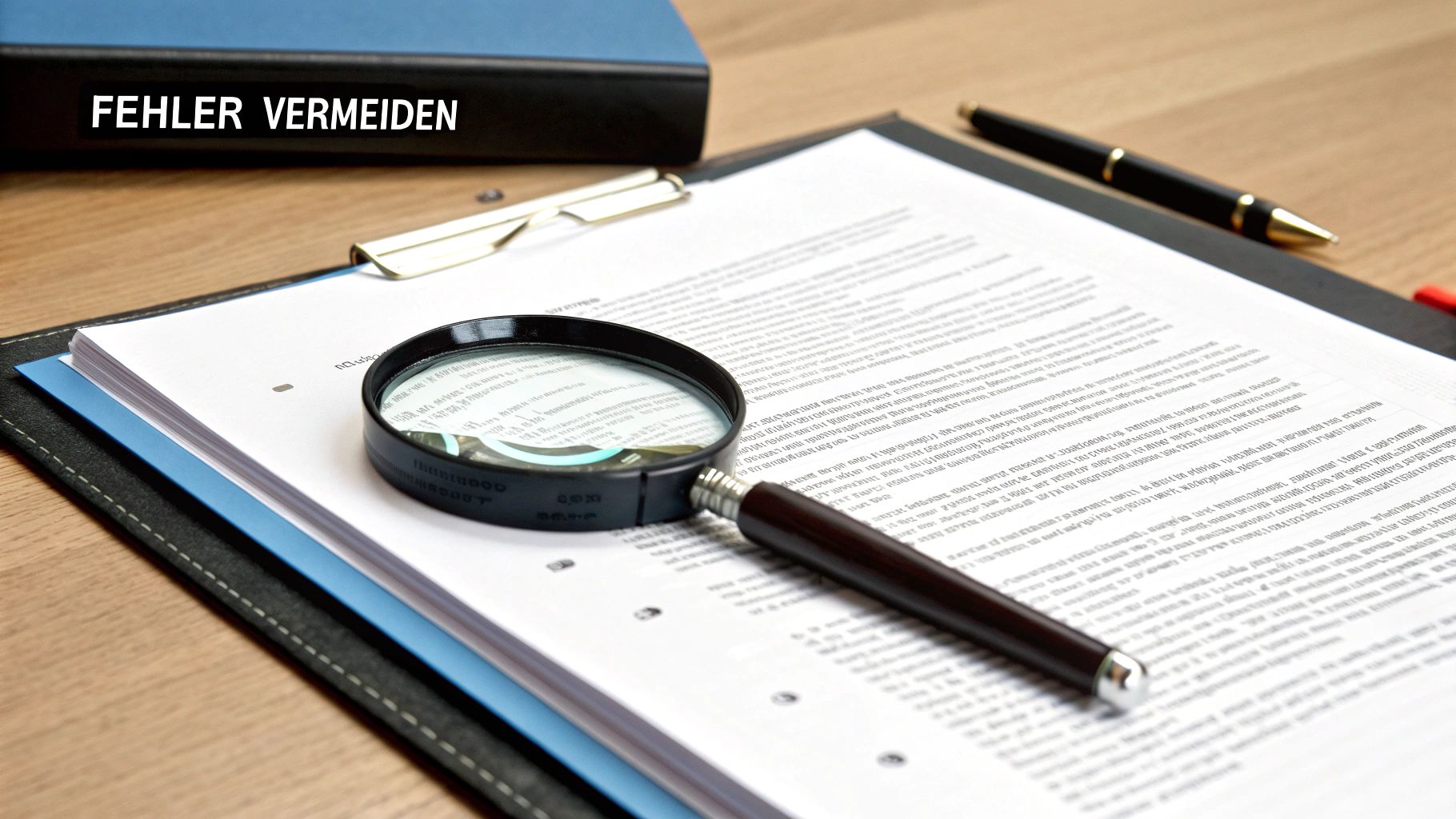Lupe auf Dokumenten mit Ordner 'Fehler vermeiden' symbolisiert sorgfältige Prüfung wissenschaftlicher Arbeiten