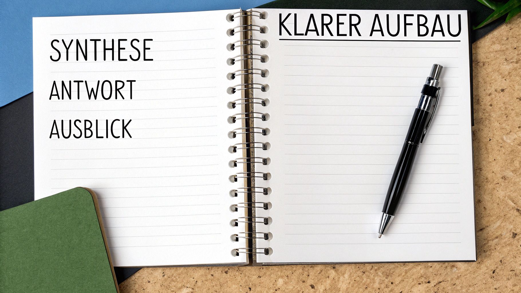 Ein geöffnetes Notizbuch zeigt die Begriffe 'Synthese', 'Antwort', 'Ausblick' und 'Klarer Aufbau' mit einem Stift daneben.
