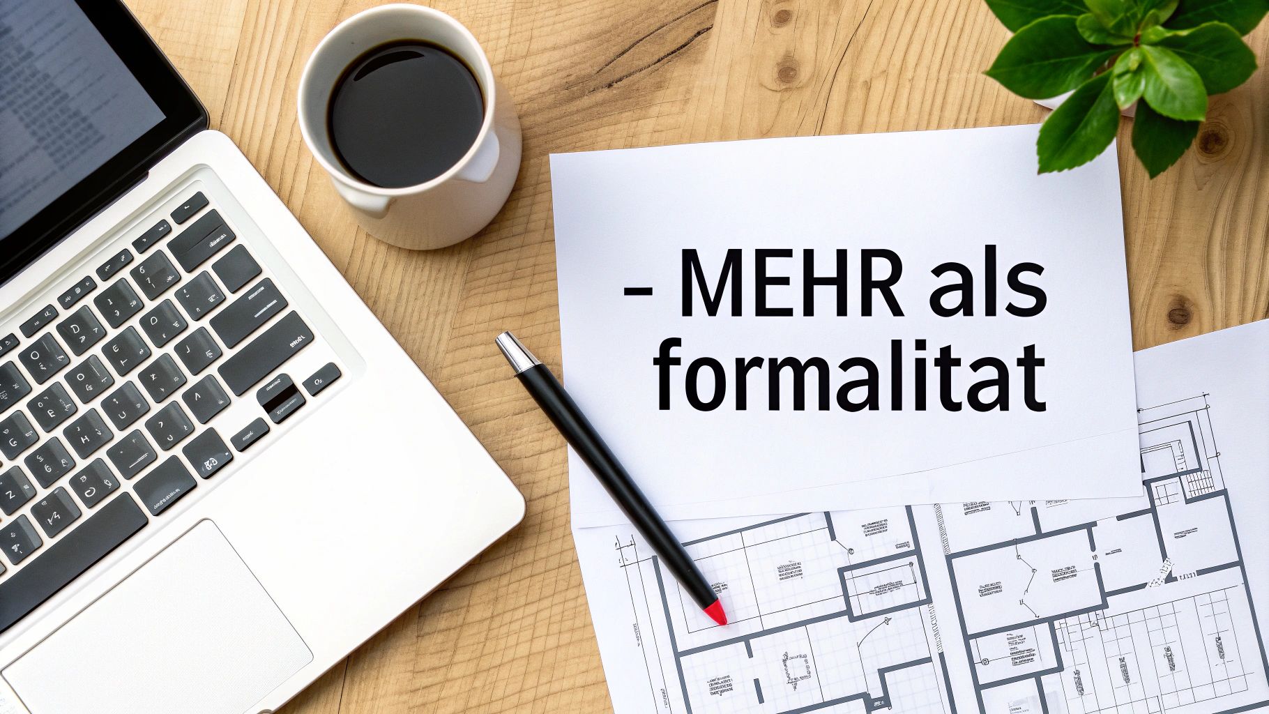 Arbeitsplatz-Flatlay mit Laptop, Kaffee, Stift und Papier mit der Aufschrift '- MEHR als formalitat' über Bauplänen.