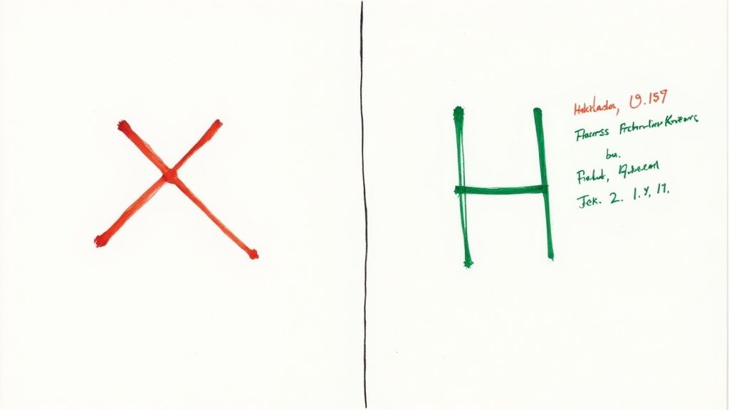 Eine Person markiert mit einem roten Stift Fehler auf einem ausgedruckten Deckblatt, um die Wichtigkeit der Korrektur zu verdeutlichen.