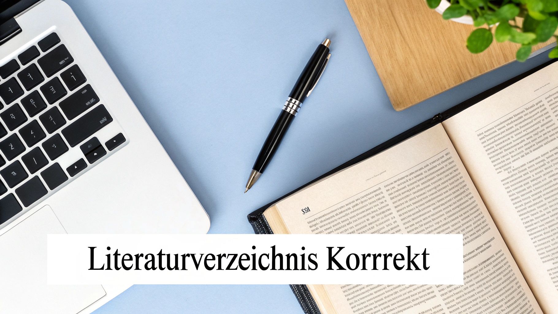 Ein Flatlay mit Laptop, Stift und offenem Buch auf blauem Hintergrund, darüber der Text 