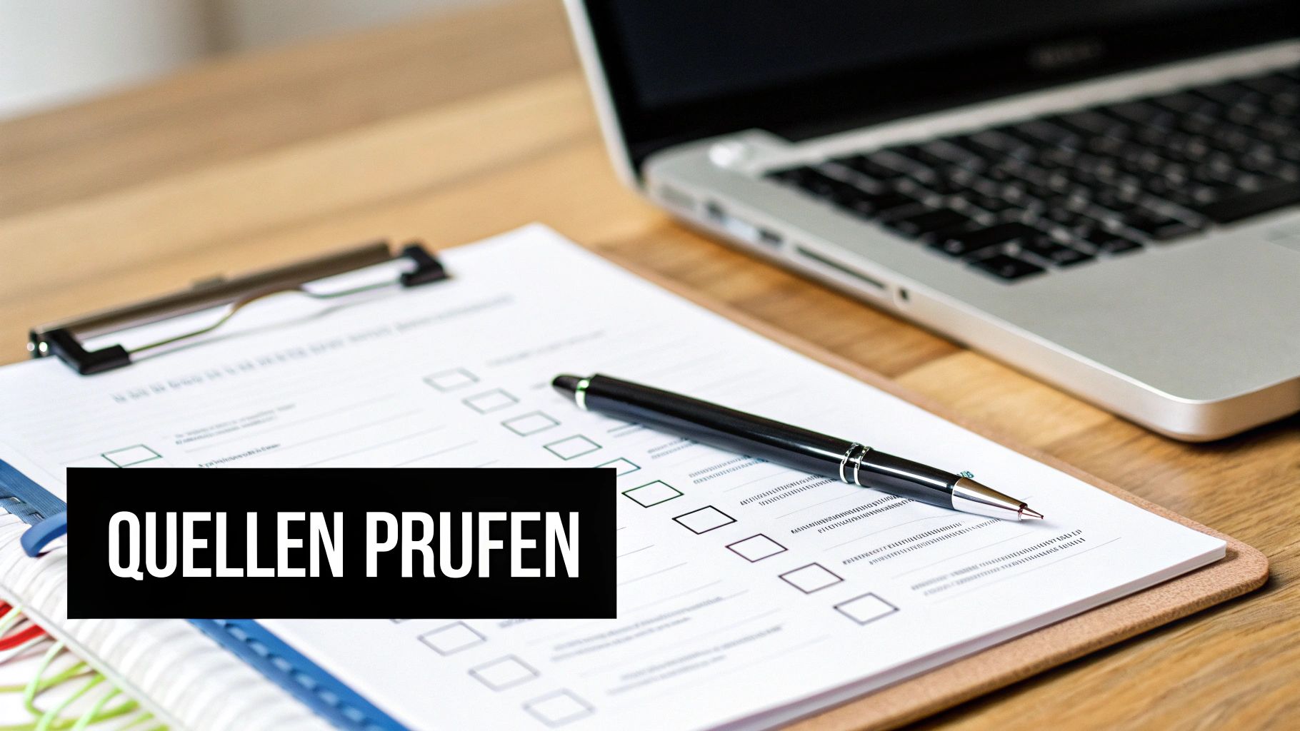 Ein Schreibtisch mit Laptop, Klemmbrett, Stift und einer Checkliste. Der Text 