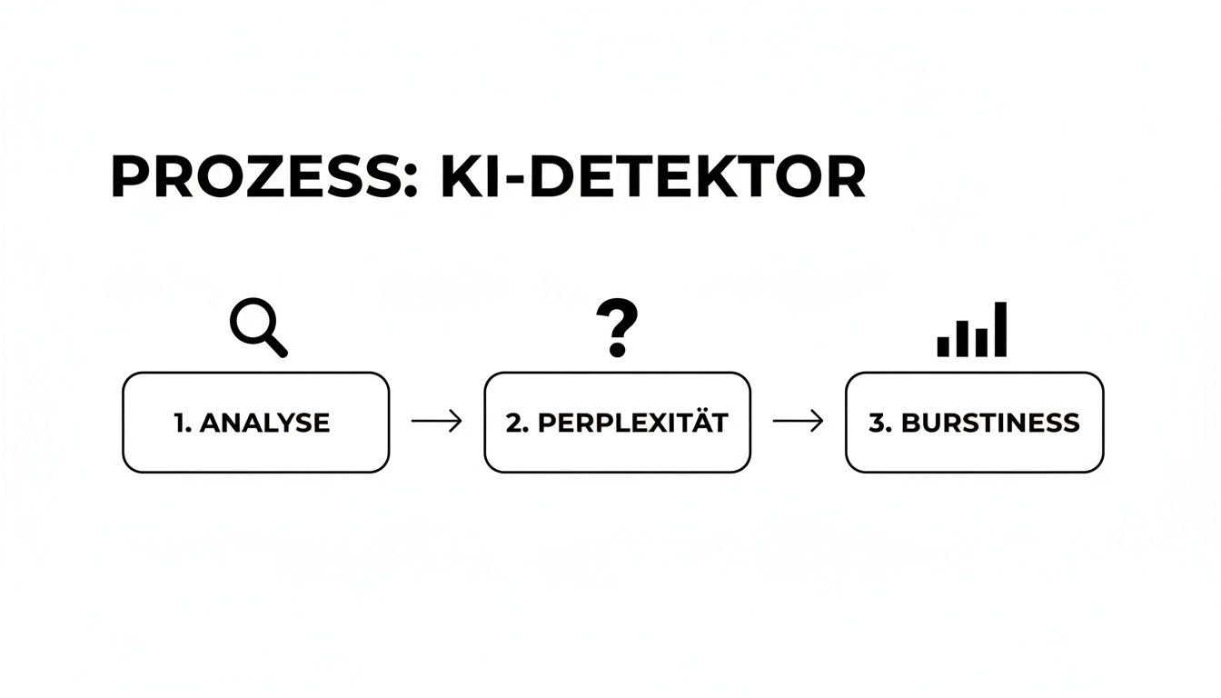 Flussdiagramm zum KI-Detektor-Prozess mit den Schritten Analyse, Perplexität und Burstiness.