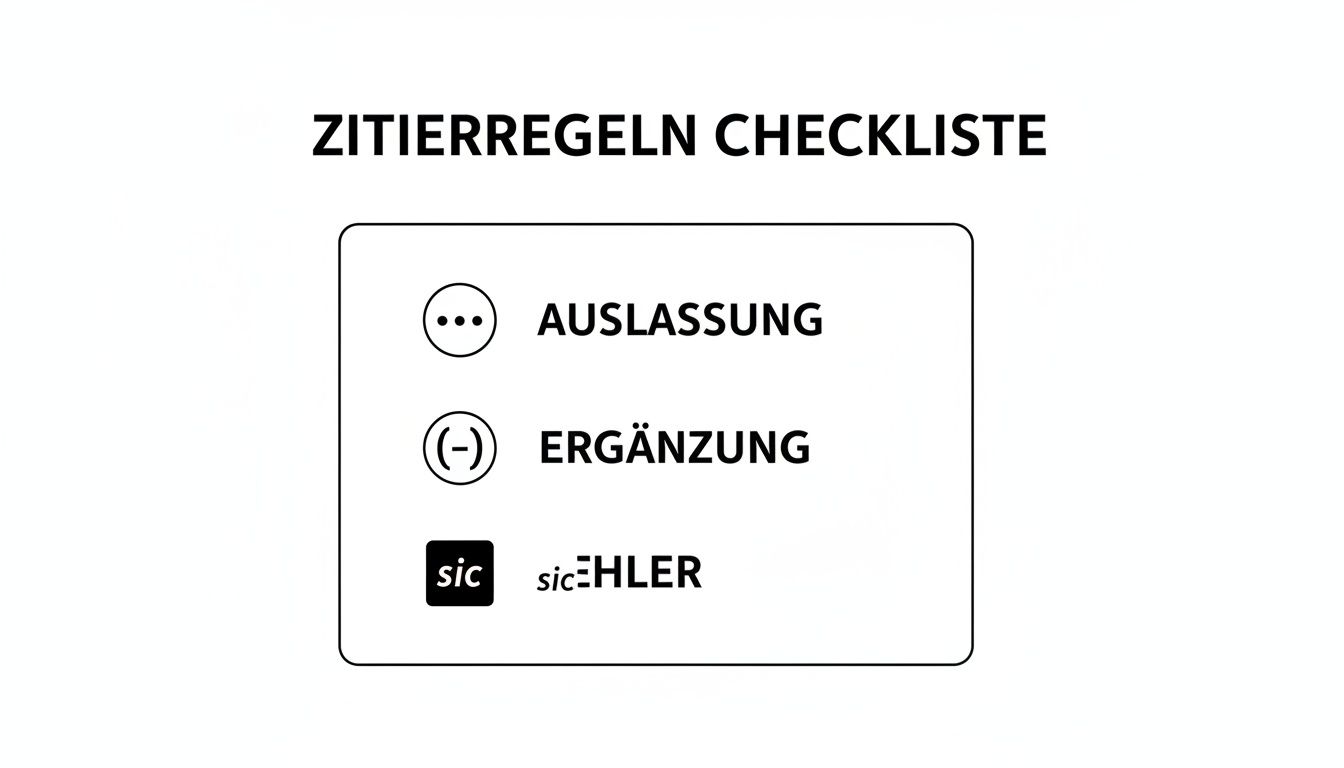 Eine Checkliste mit Zitierregeln, die Auslassung, Ergänzung und Fehlerkennzeichnung (sic) behandelt.