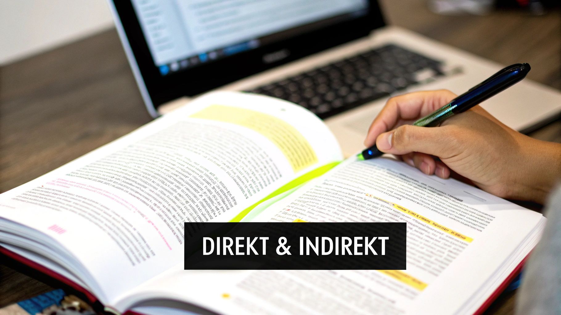Hand markiert Text mit Leuchtstift in einem offenen Lehrbuch, Laptop im Hintergrund. Text: DIREKT & INDIREKT.