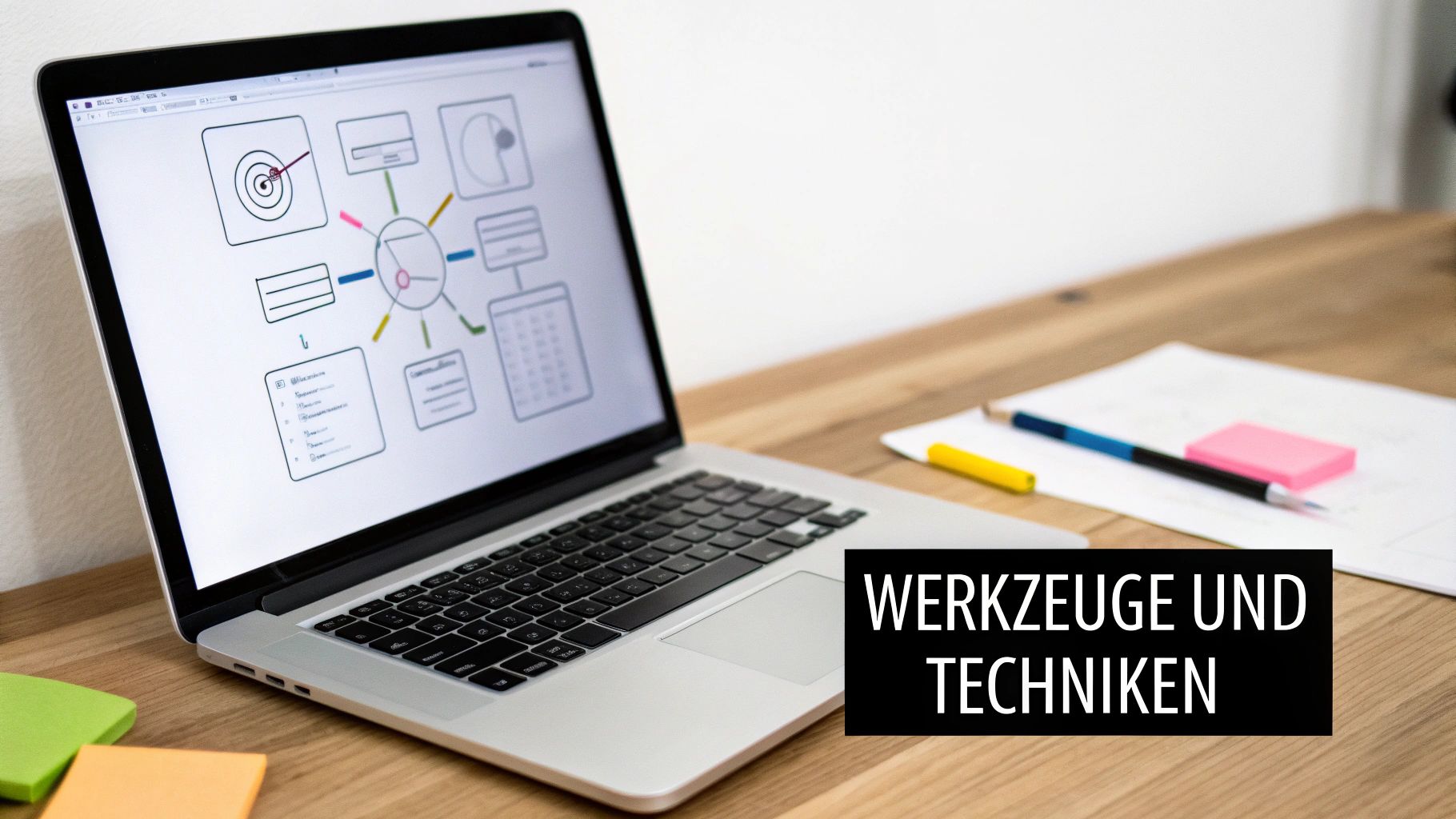 Laptop auf Schreibtisch zeigt ein Diagramm mit Verbindungen. Daneben liegen Notizpapier, Stifte und Haftnotizen. Ein Overlay zeigt den Text 'WERKZEUGE UND TECHNIKEN'.