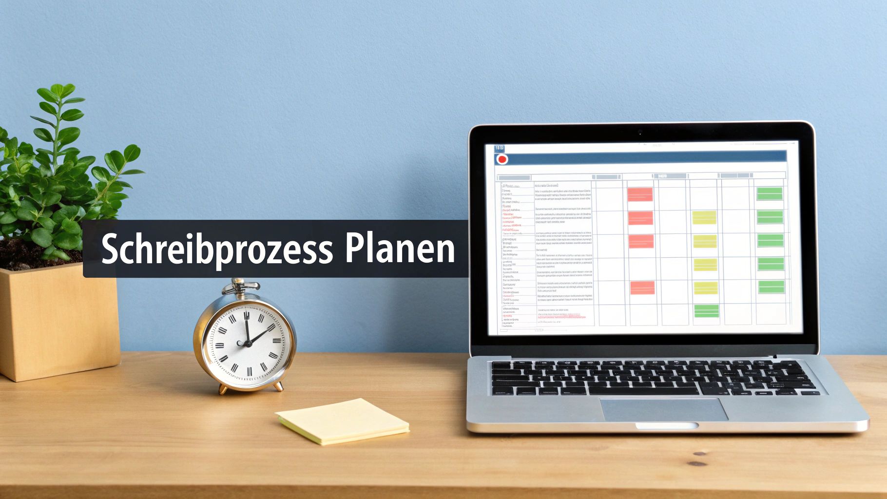 Ein Schreibtisch mit Laptop, Wecker, Pflanze und dem Schriftzug