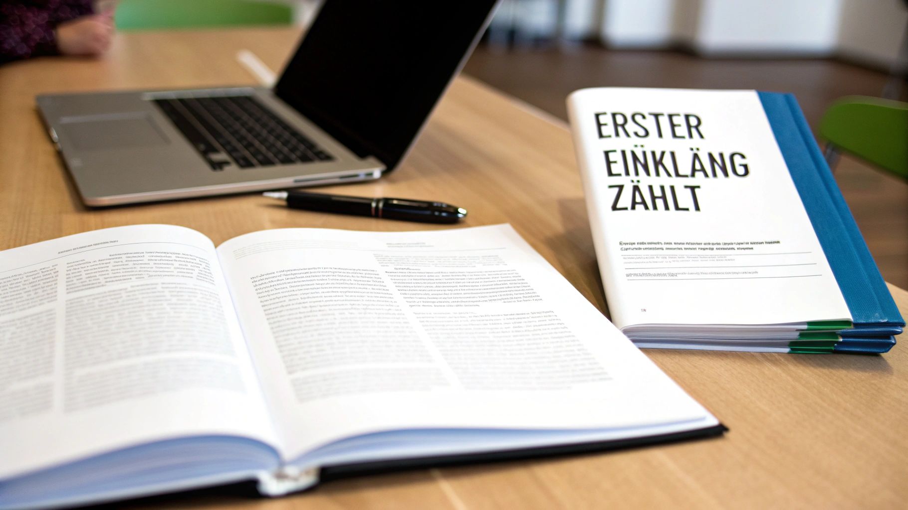 Ein Schreibtisch mit offenen und geschlossenen Büchern, einem Laptop und einem Stift, ideal für Studium oder Arbeit.