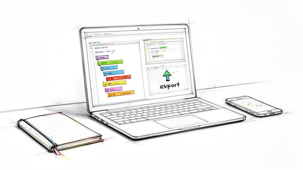 Eine skizzierte Szene mit Laptop, farbigen Code-Blöcken, Notizbuch und Smartphone auf einem Tisch.