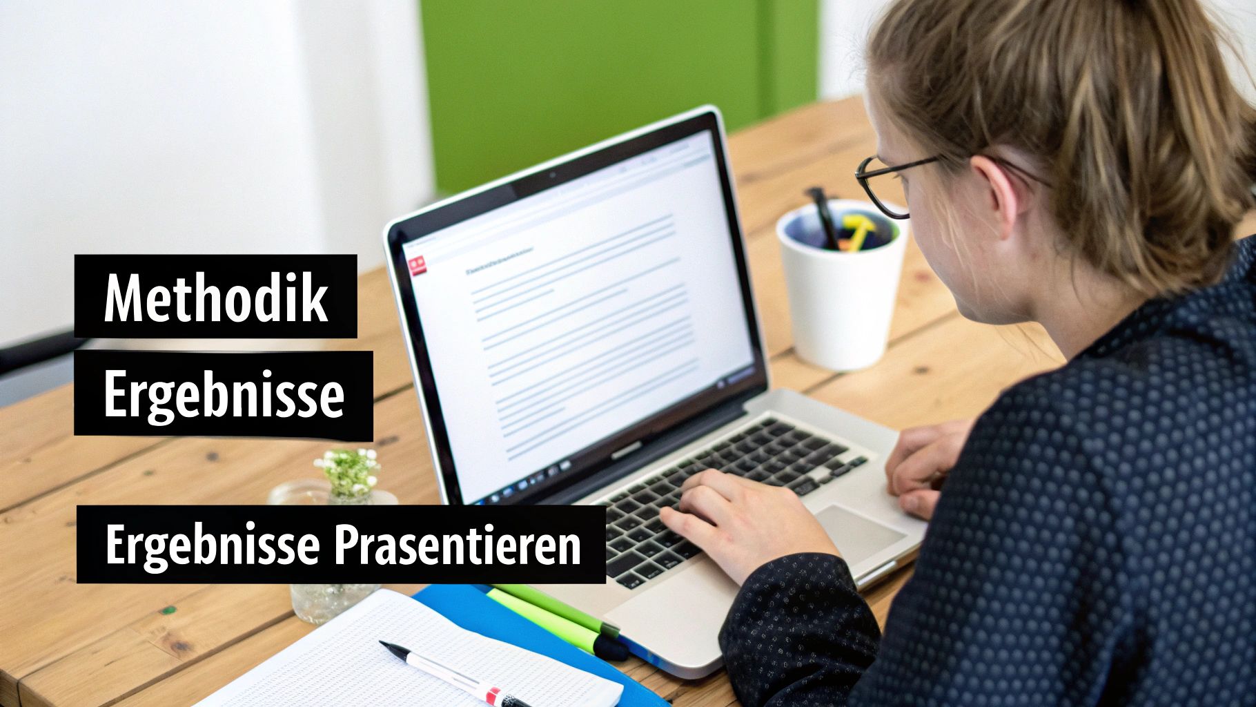 Eine Person arbeitet an einem Laptop an einem Holztisch, um Methodik und Ergebnisse zu präsentieren.