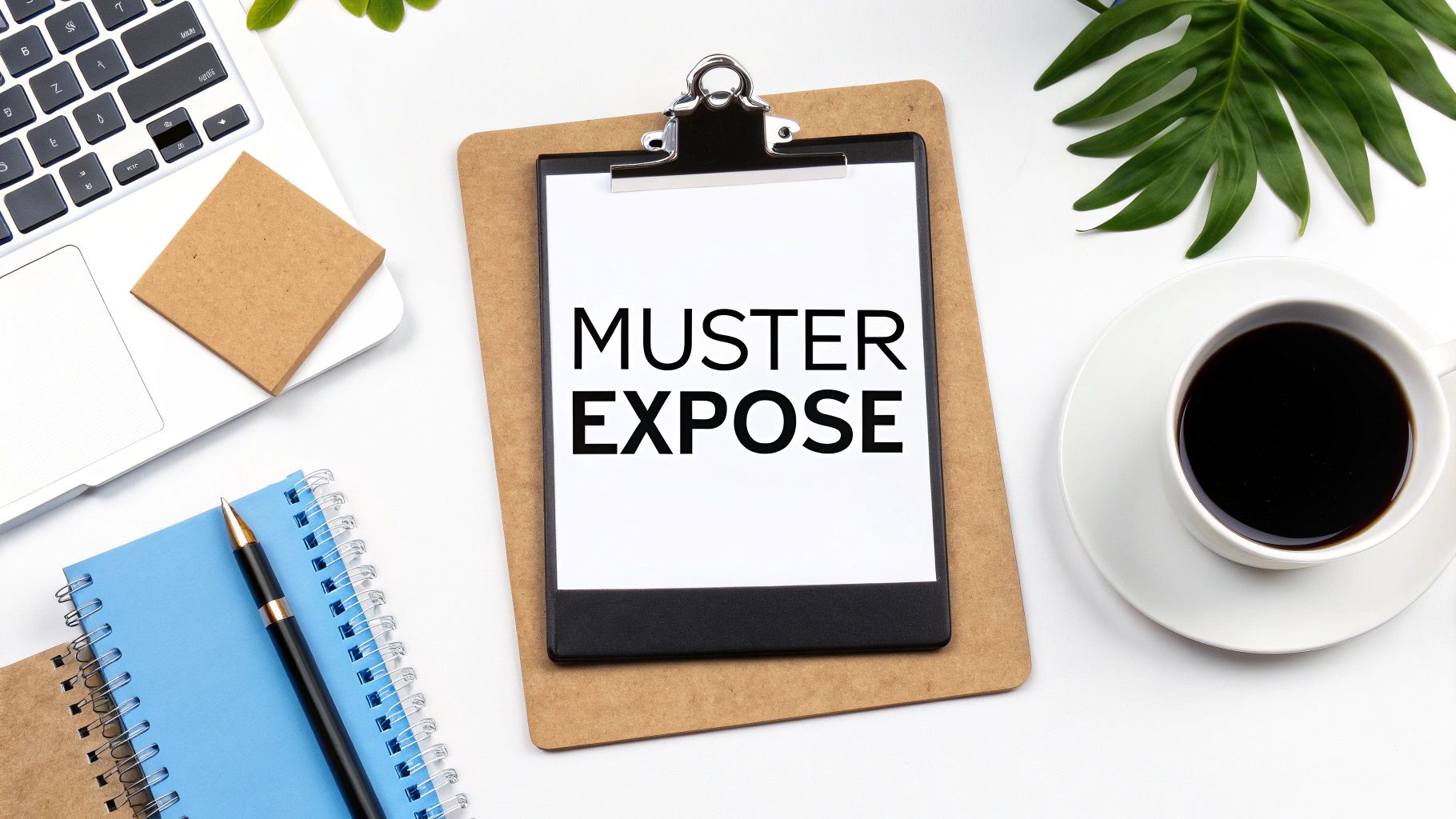 Arbeitsplatz-Flatlay mit Klemmbrett, Laptop, Notizbüchern und Kaffee, ideal für die Hausarbeit.