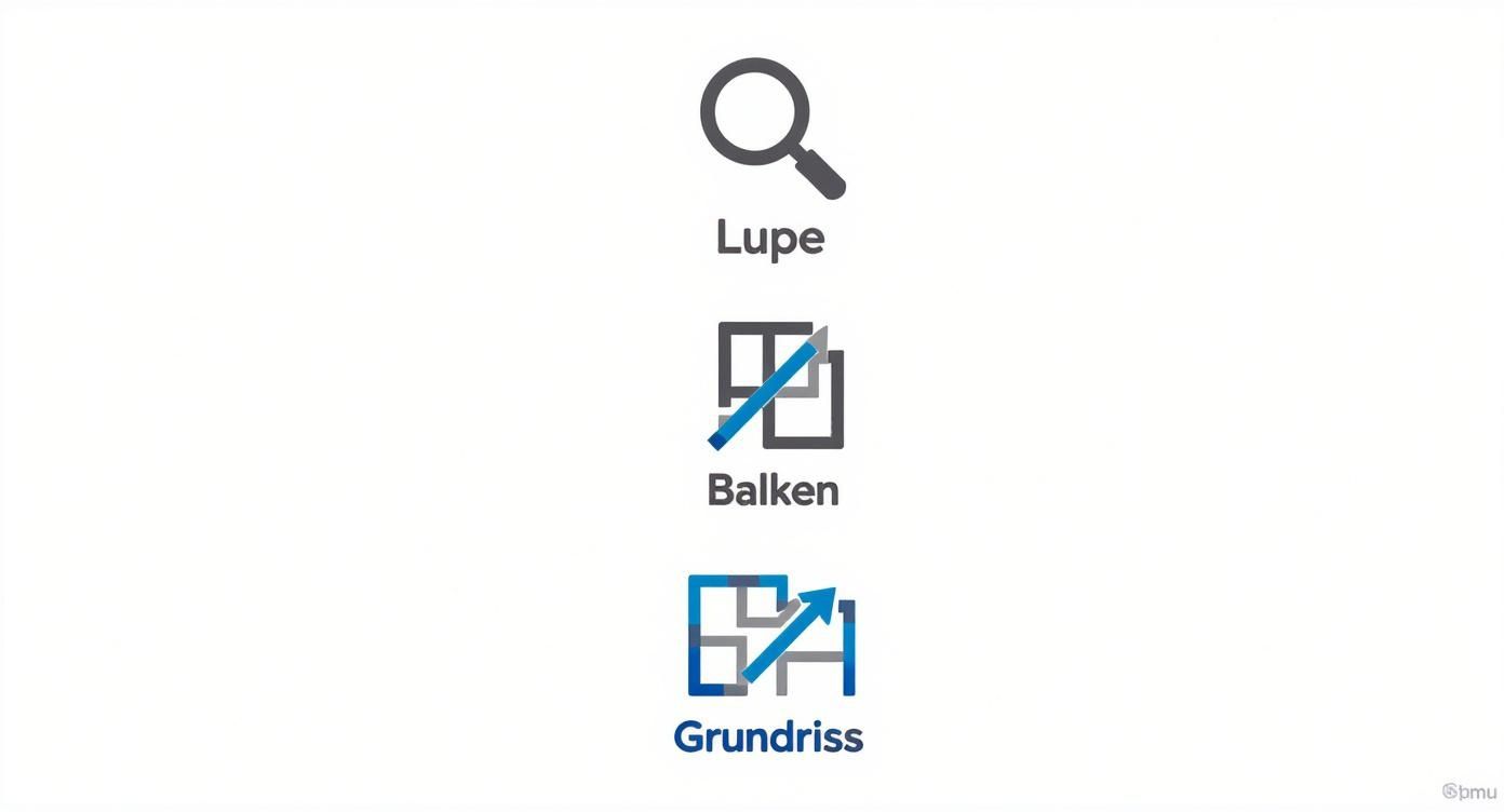 Drei Symbole mit Text: Eine Lupe, ein Balken-Diagramm und ein Grundriss mit Pfeil, auf weißem Hintergrund.