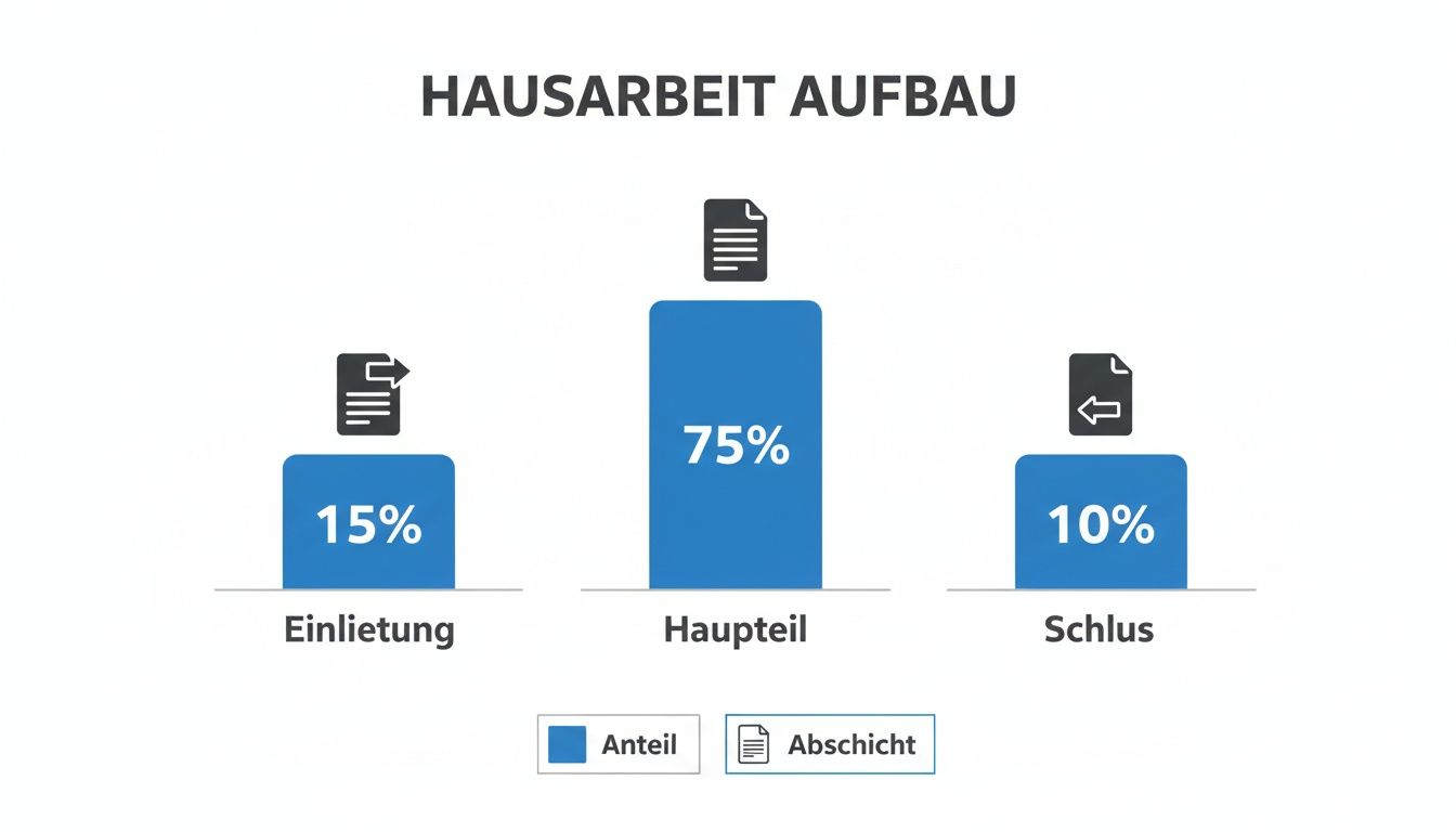 Balkendiagramm zeigt den Aufbau einer Hausarbeit: Einleitung (15%), Hauptteil (75%) und Schluss (10%).