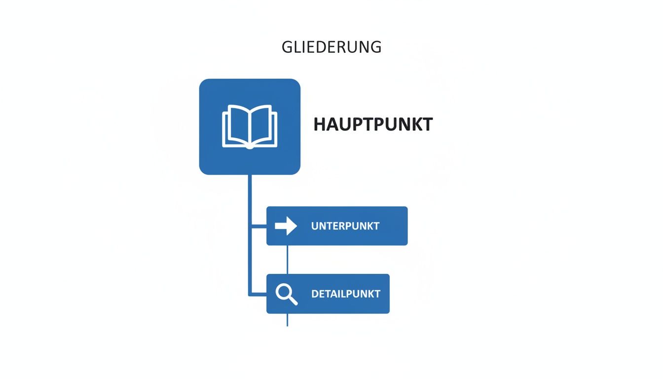 Visuelle Darstellung einer Gliederung mit Hauptpunkt, Unterpunkt und Detailpunkt, illustriert durch Symbole und Verbindungslinien.
