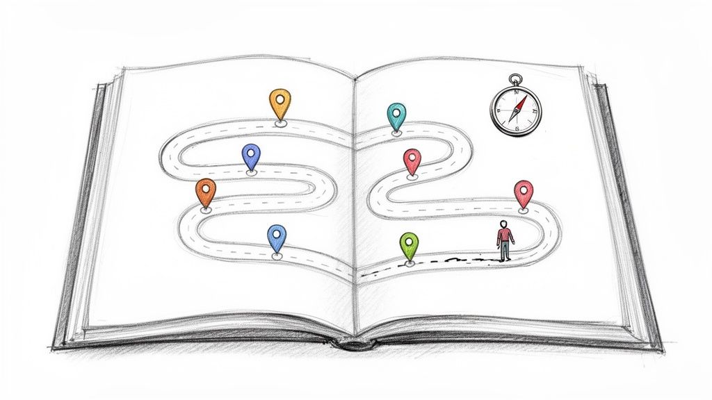 Offenes Buch mit Landkarte, gewundenem Weg, farbigen Stecknadeln, einer Person und Kompass.