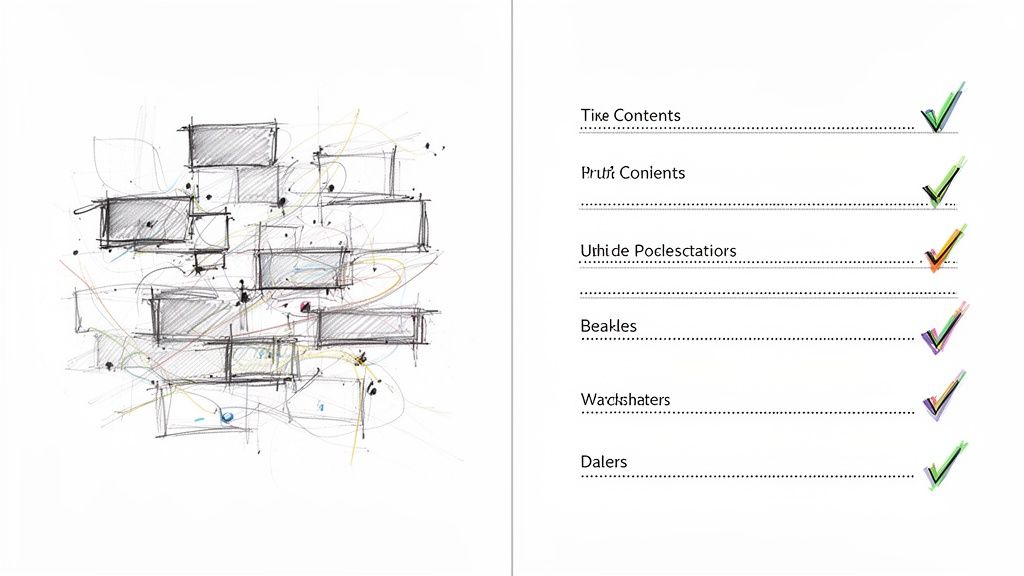 Abstrakte Skizze und Inhaltsverzeichnis mit farbigen Häkchen auf weißem Hintergrund.