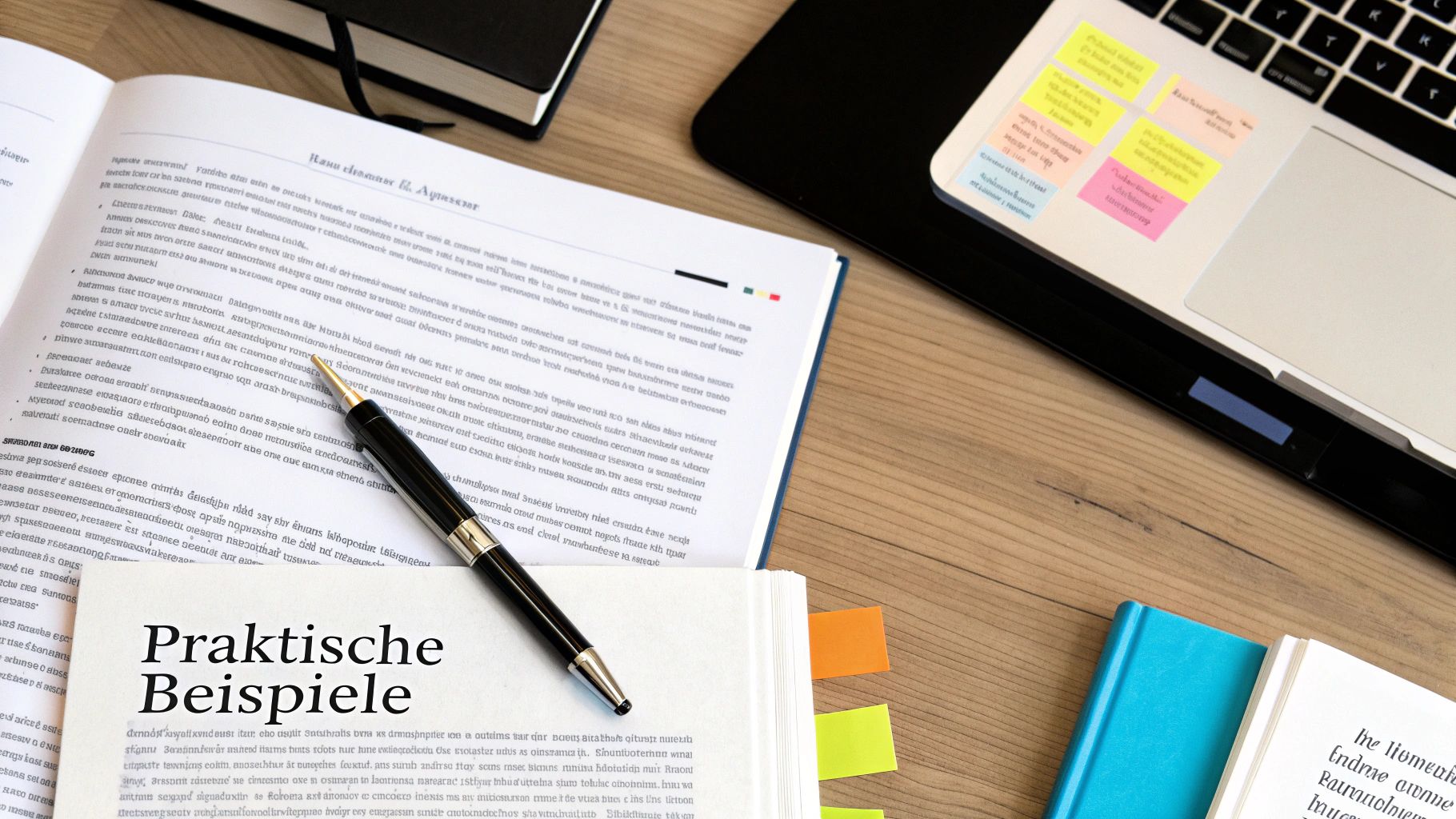 Ein Schreibtisch mit einem offenen Buch, Stift, Laptop mit Notizzetteln und kleinem Notizbuch.