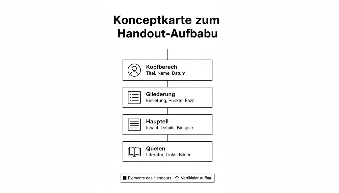 Konzeptkarte zum Aufbau eines Handouts mit Kopfbereich, Gliederung, Hauptteil und Quellen in vertikaler Struktur.