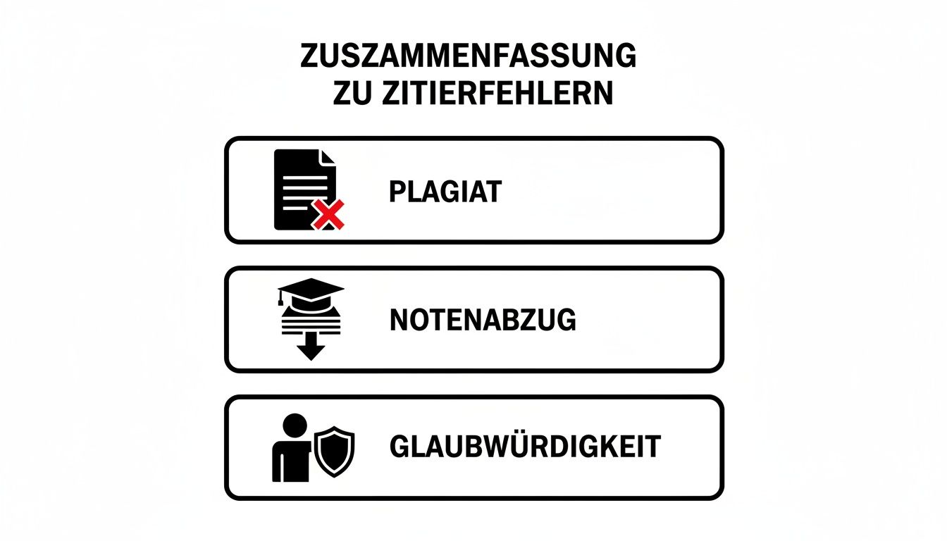 Zusammenfassung der Konsequenzen von Zitierfehlern: Plagiat, Notenabzug und Verlust der Glaubwürdigkeit, illustriert mit Symbolen.