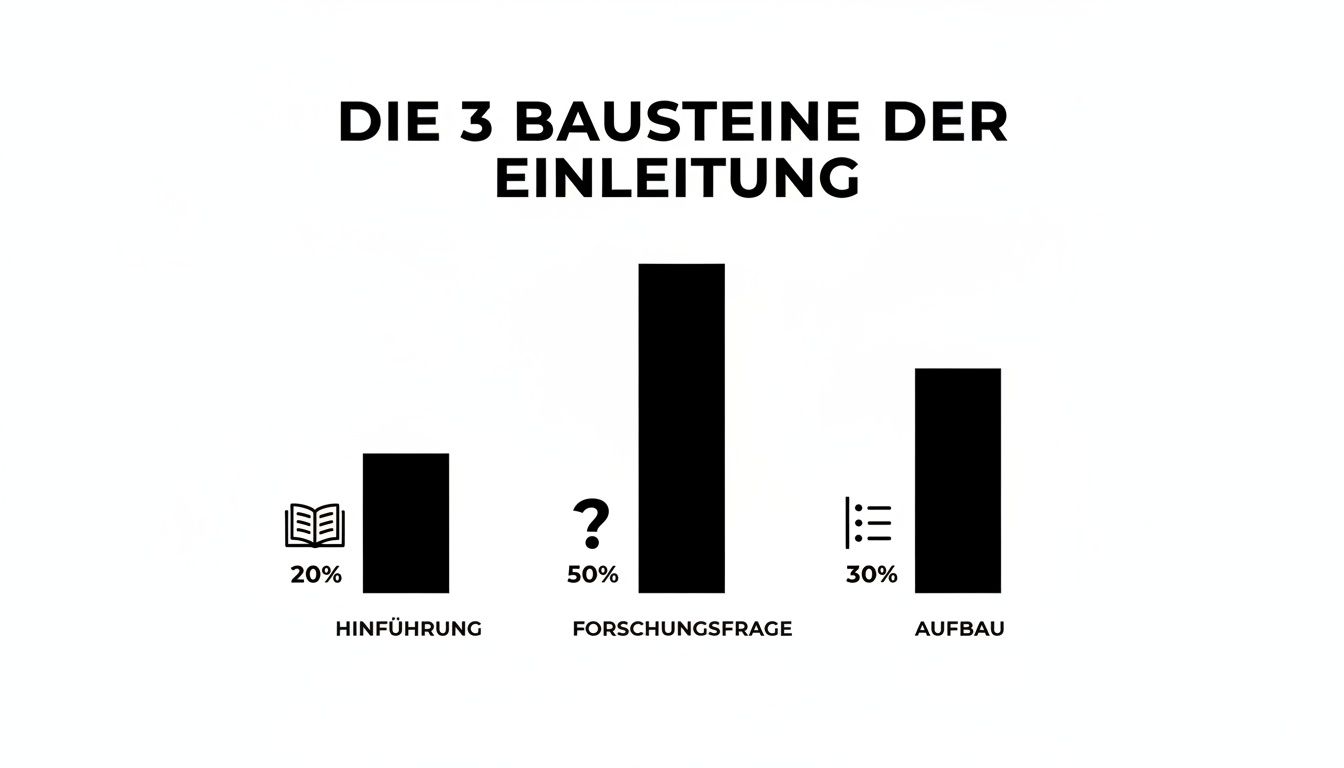 Balkendiagramm zeigt die drei Bausteine einer Einleitung mit prozentualer Gewichtung: Hinführung, Forschungsfrage und Aufbau.