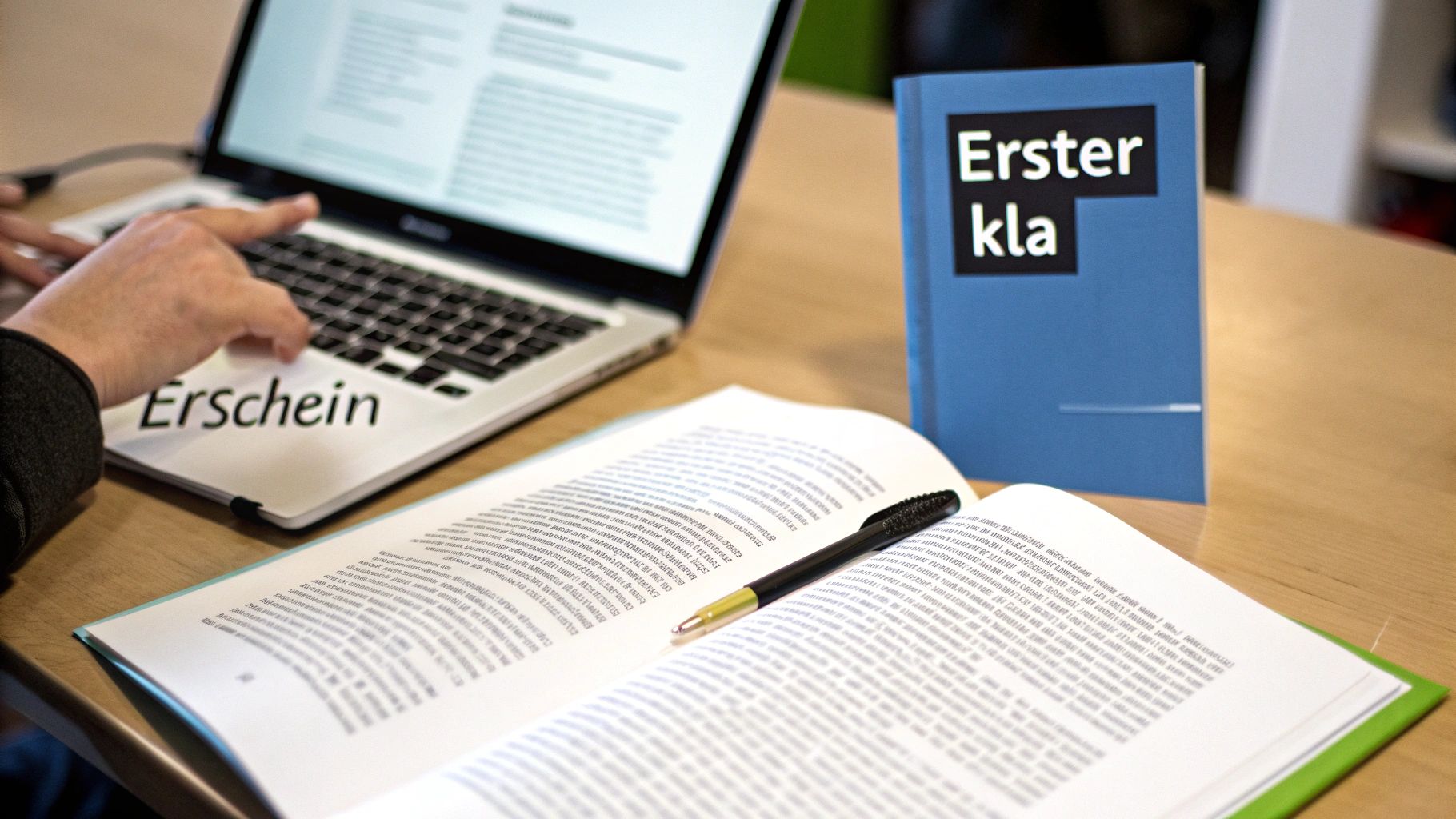 Eine Person tippt an einem Laptop auf einem Schreibtisch, neben einem offenen Lehrbuch und einem blauen Buch.