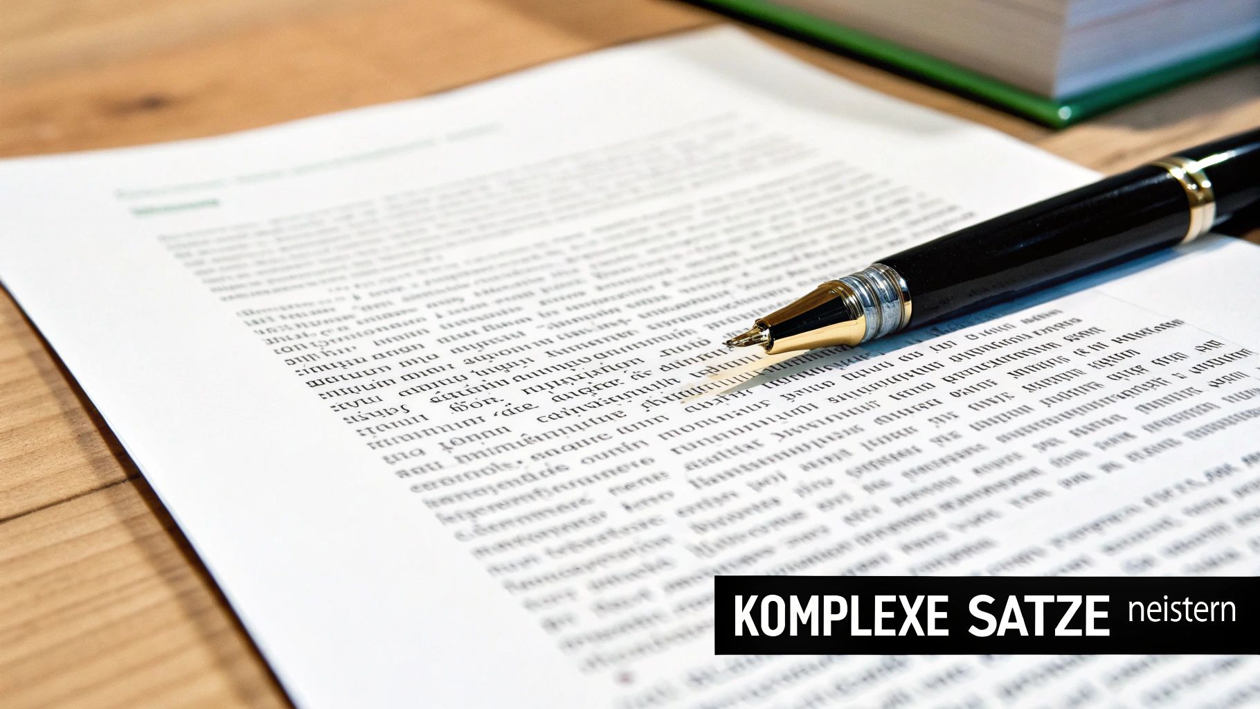Ein Füllfederhalter ruht auf einem geöffneten Dokument mit gedrucktem Text. Im Vordergrund der Schriftzug 'KOMPLEXE SÄTZE'.